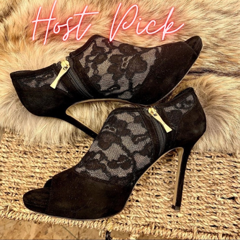 kate spade Black Lace Peep-Toe Stiletto Booties with Gold Zippers